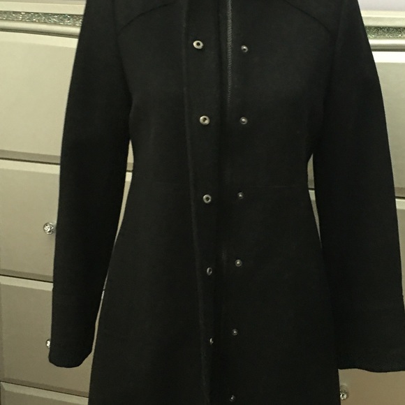 MARC New York black fur trim hooded wool coat zipper and snap closure pockets - Picture 9 of 16